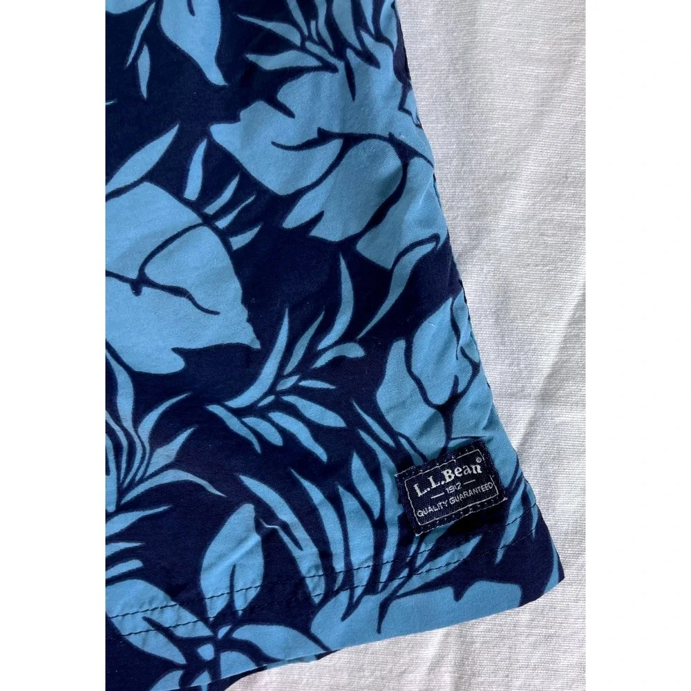 LL‎ Bean Mens Swim Trunks Shorts Floral Print Blue Nylon Lined Size S
